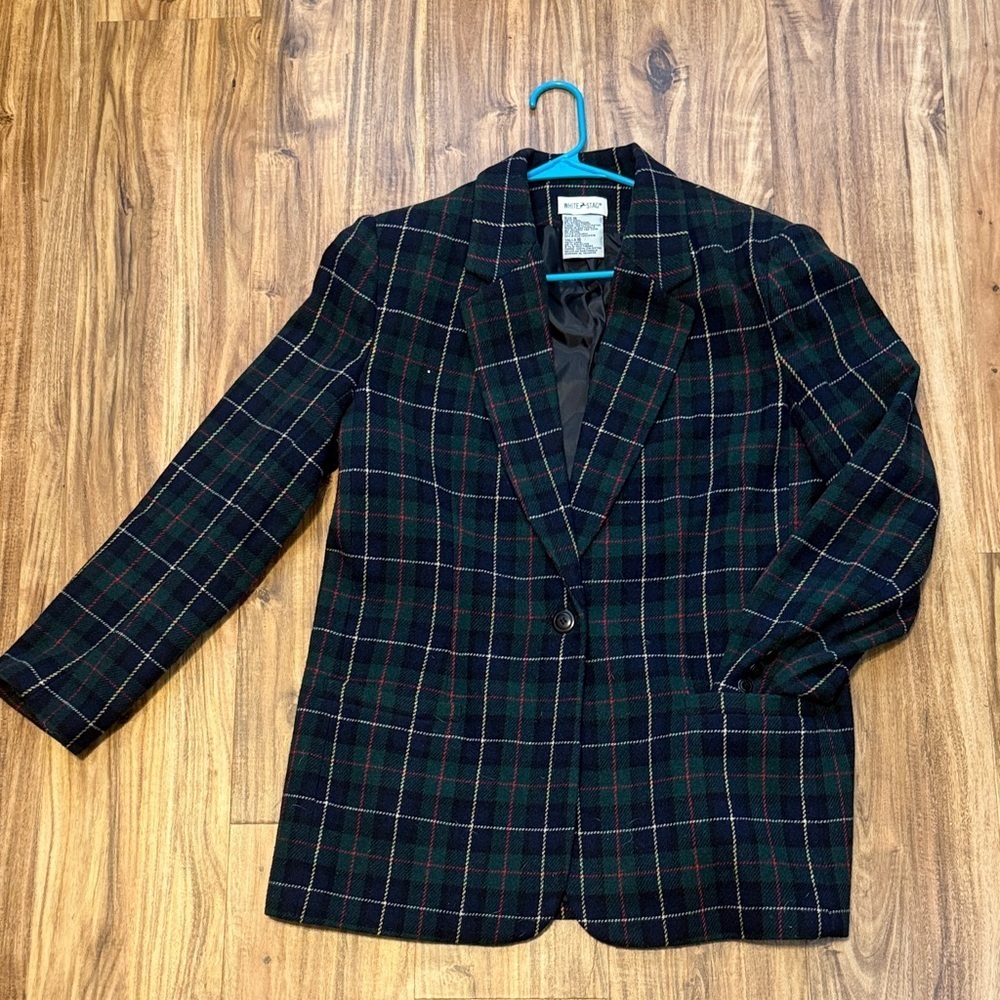 White Stag women’s 10 
Medium blazer jacket wool navy red green plaid holiday